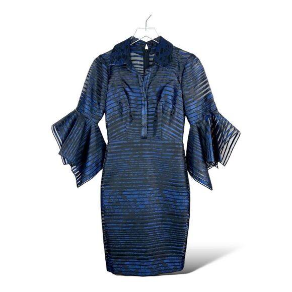 Badgley Mischka Blue Black Sheer Striped Trumpet-Sleeve Cocktail Evening Dress 0 - Picture 1 of 13